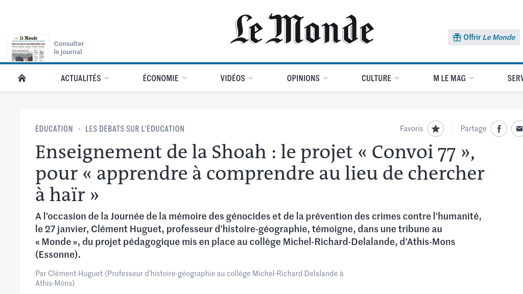 Le Monde - Une tribune sur notre projet